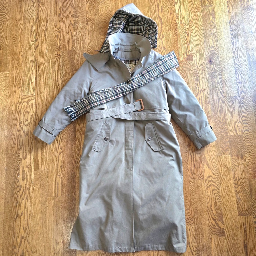 Cabelas Womens Lined‎ Trench Coat Hooded Plaid Scarf Belted Khaki Size S